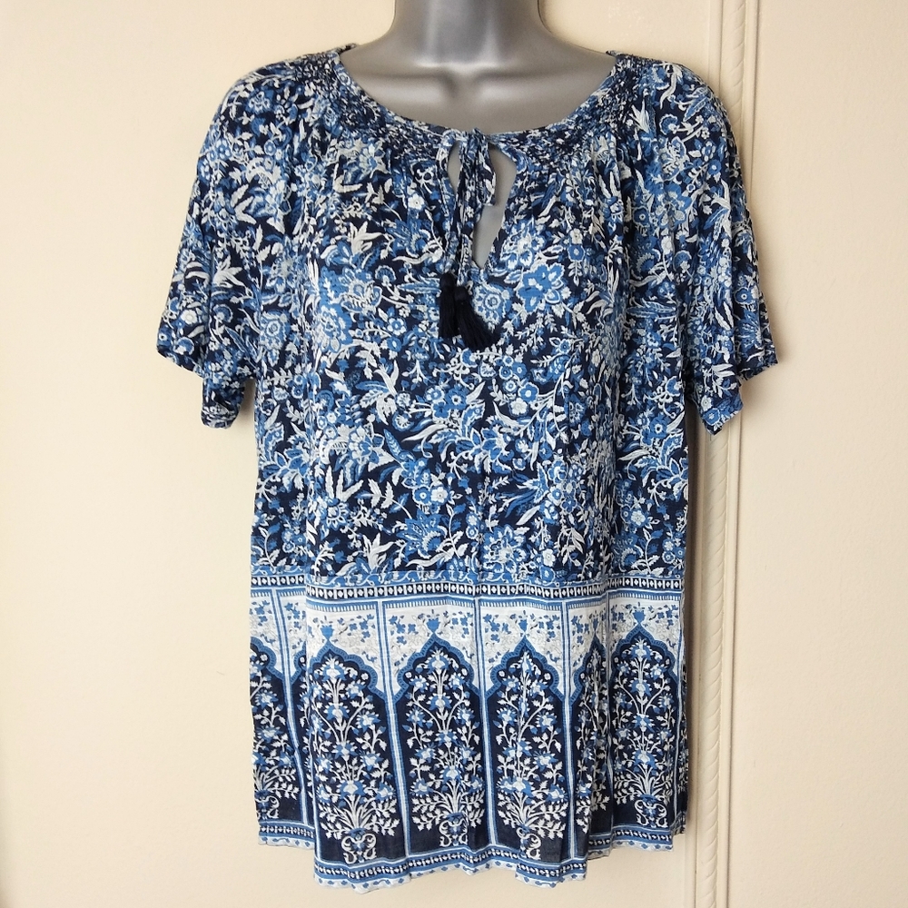 Lucky Brand Peasant Top Tassels Boho Short Sleeve